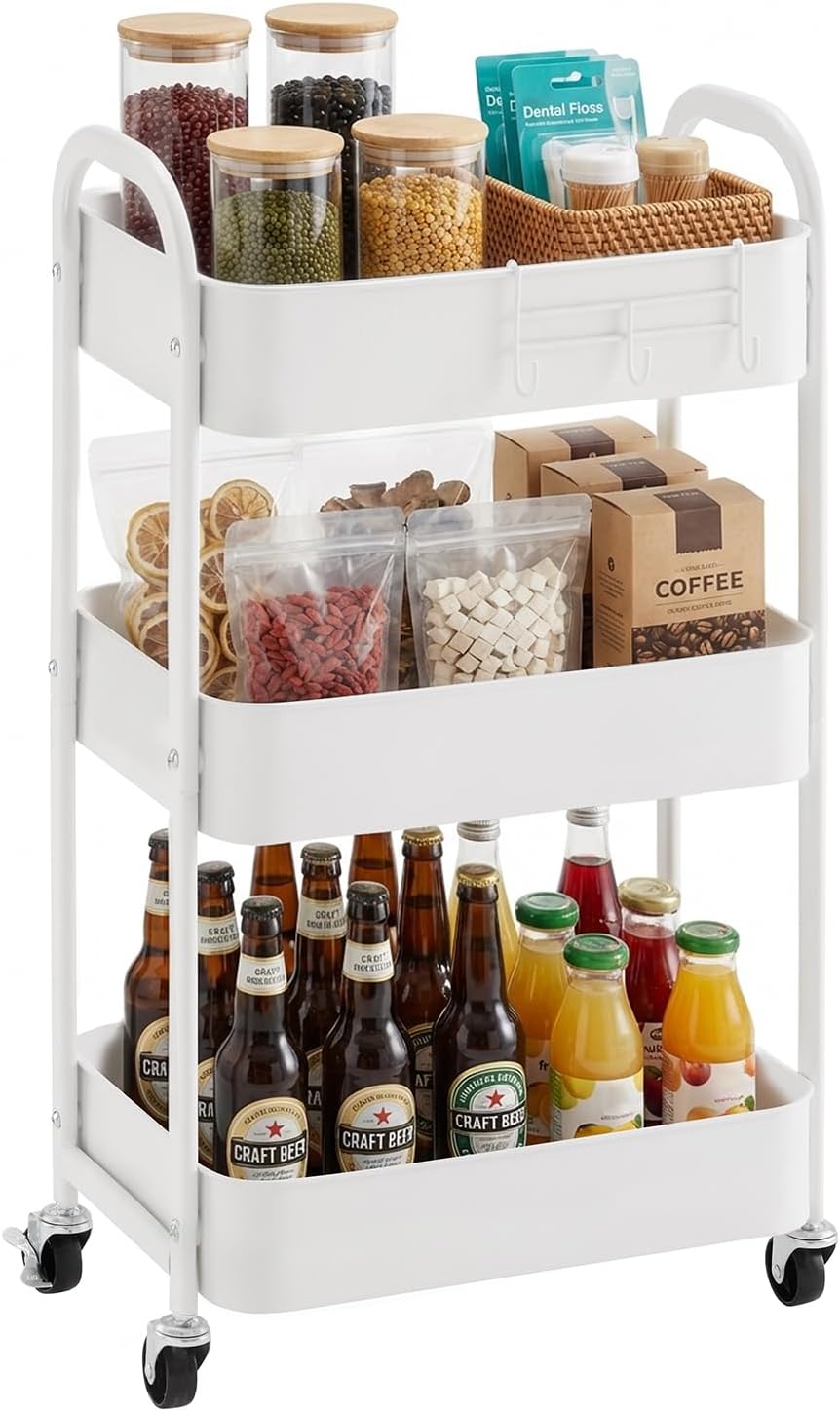 3-Tier Rolling Utility Cart with Caster Wheels,Easy Assembly, for Kitchen, Bathroom (White)