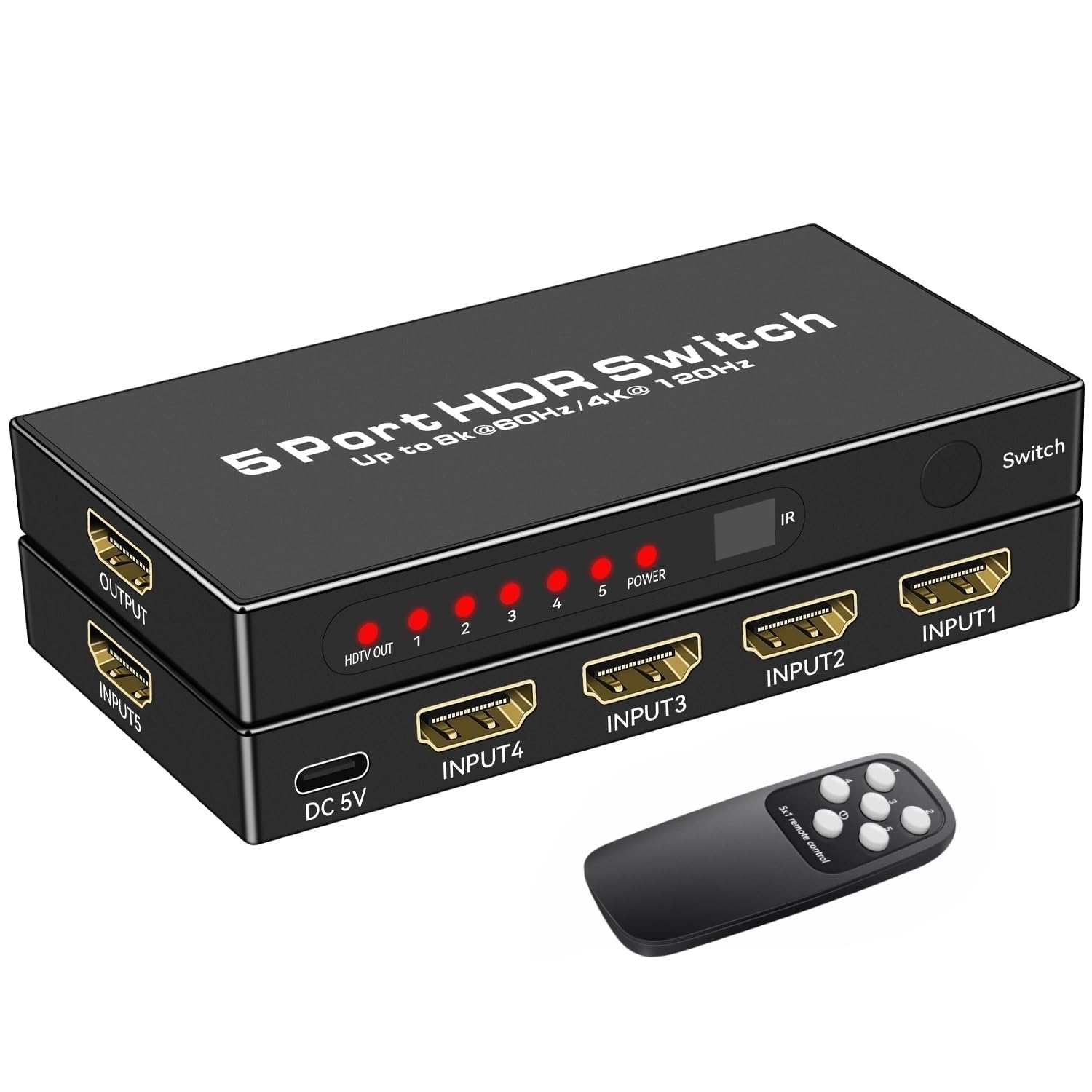 8K HDMI 2.1 Switch 5 in 1 Out, 8K @ 60Hz 4K @ 120Hz HDMI Switcher Selettore con supporto remoto 48Gbps HDR 10+ Dolby Vision/Atmos HDCP 2.3 CEC per PS5 4 Pro B0X TV Game PC Roku