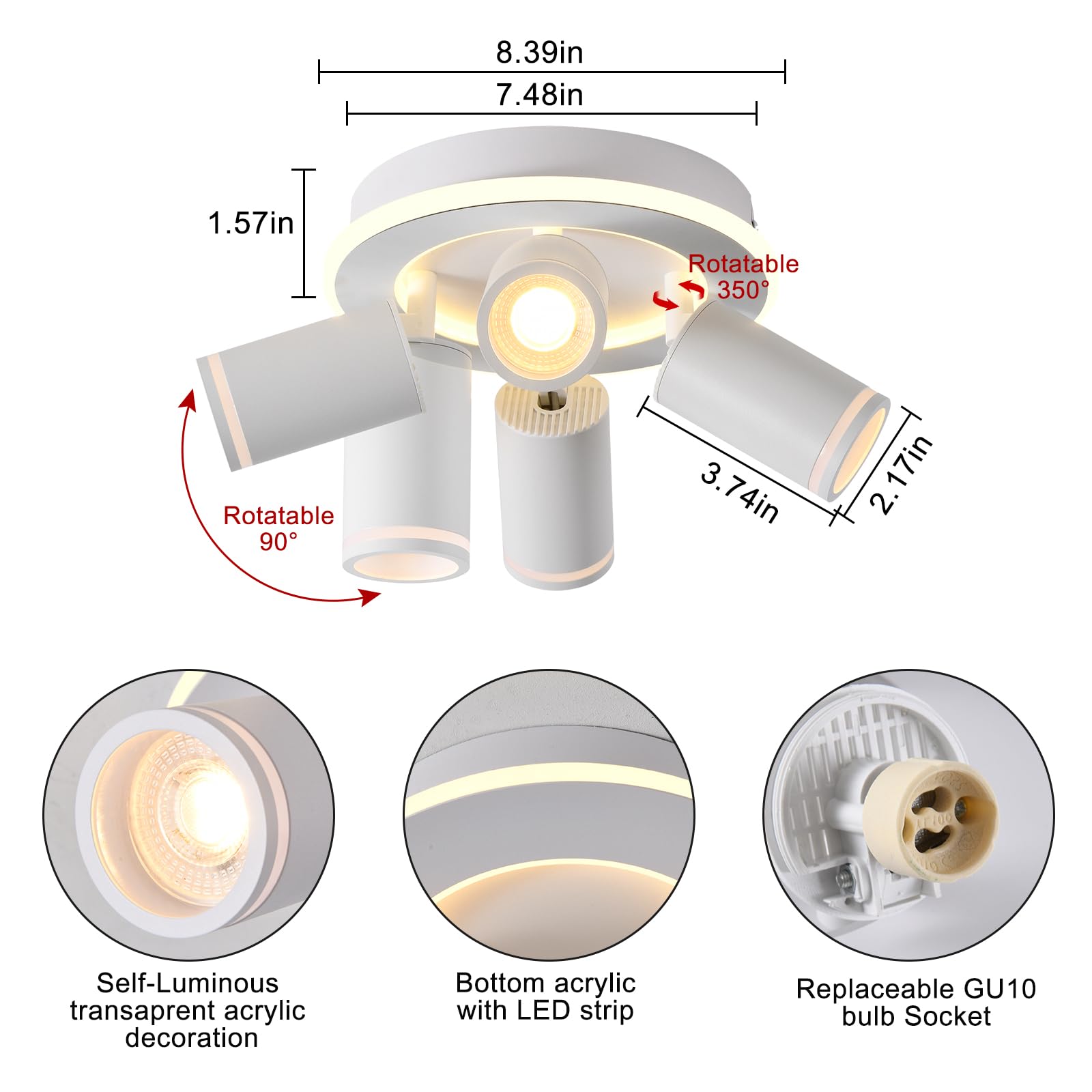 MYCUL Spot de Plafond Rond à LED 4 Flammes 22W+4x5W GU10 spots,3000K,Blanc