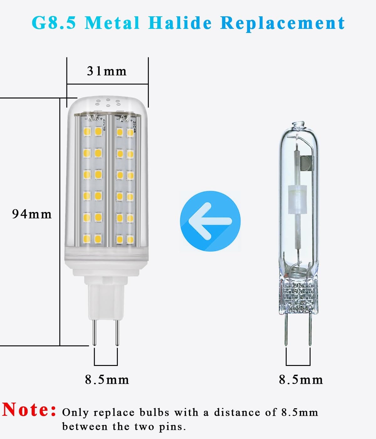 Lampadina LED G8.5 da 8 Watt Sostituisce la lampadina a ioduri metallici Powerball G8.5 CDM, lampadina di ricambio CDM-TC/CMH/HID/ T4.5, confezione da 4(3000K Warm White)