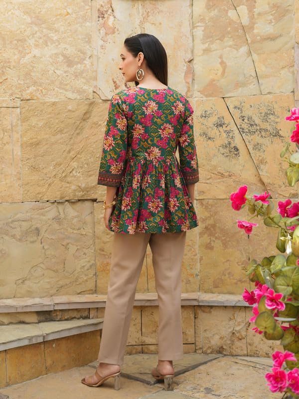 Image of Women's Ethnic Printed Rayon Short Kurta | Stylish Round Neck V-Slit Straight Kurti | Comfortable, Office & Casual Kurta for Jeans, Leggings & Trousers