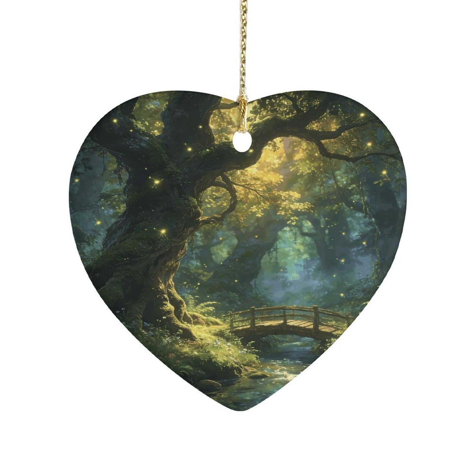 Khauerbc Style Enchanted Forestheart Shaped Ceramic Ornament With String,Ceramic Ornament,Two-Sided Printed For Christmas Tree And Holiday Decoration