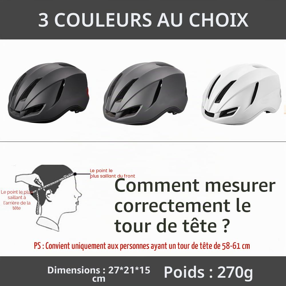 Casque de vélo avec lumière LED - Casque de ville ultra léger - Casque de VTT pour homme et adulte - Avec feu arrière de charge - 56-60 cm