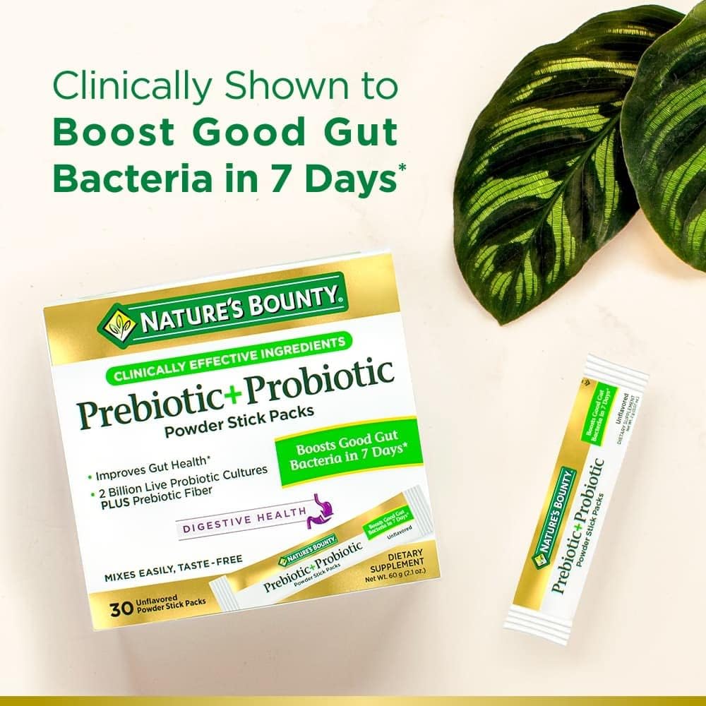 Nature's Bounty Prebiotic + Probiotic Powder Stick Packs with Bimuno, Digestive Health, Powder Sticks, Unflavored, 30 Ct : Health & Household