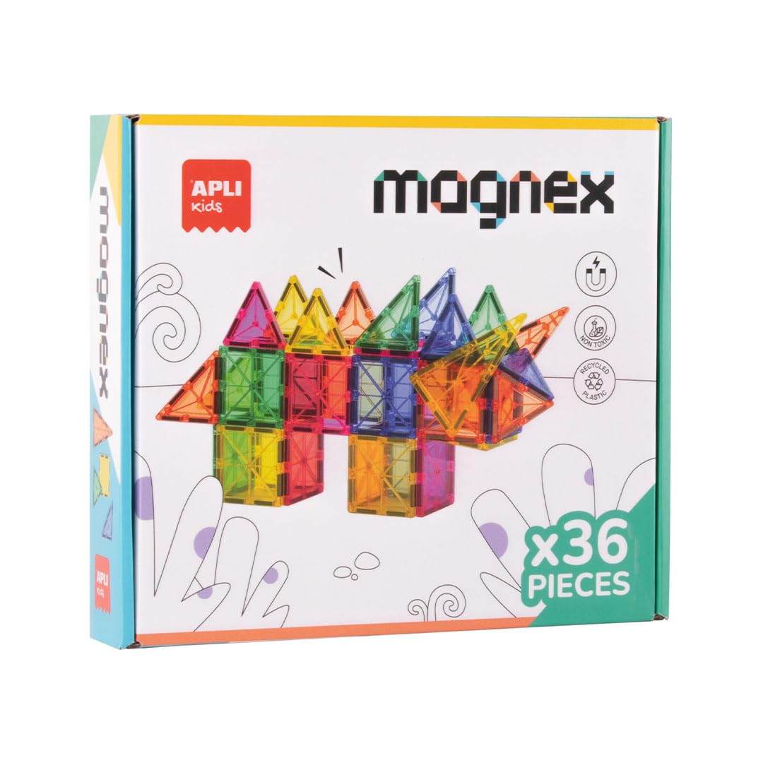 APLI Kids 20136 - Magnex 36-częściowy zestaw konstrukcyjny Magnex | Zestaw 3D dla dzieci 3+| Kolorowe magnesy geometryczne | Zabawka edukacyjna Steam dla kreatywności i rozwoju poznawczego