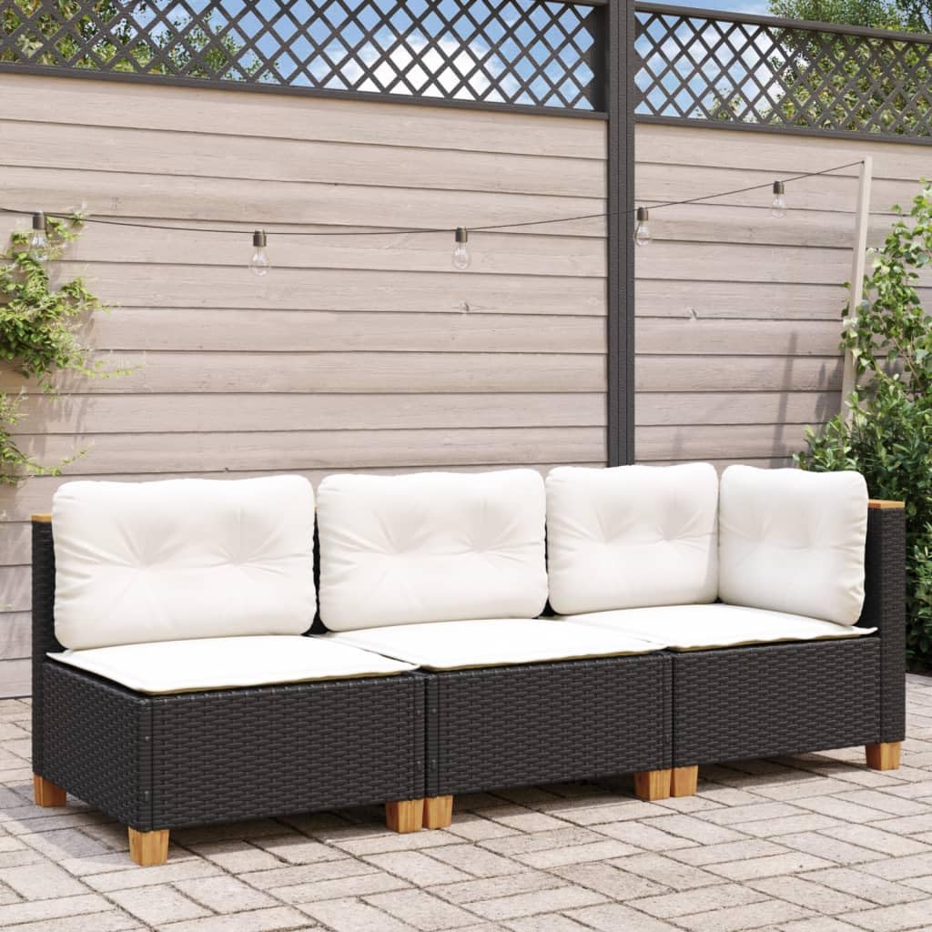 Gecheer Divano da Giardino a 3 Posti, con Cuscini Sfoderabili e Lavabili, in Polyrattan Nero, Acciaio Verniciato e Legno di Acacia, per Esterno e Terrazza