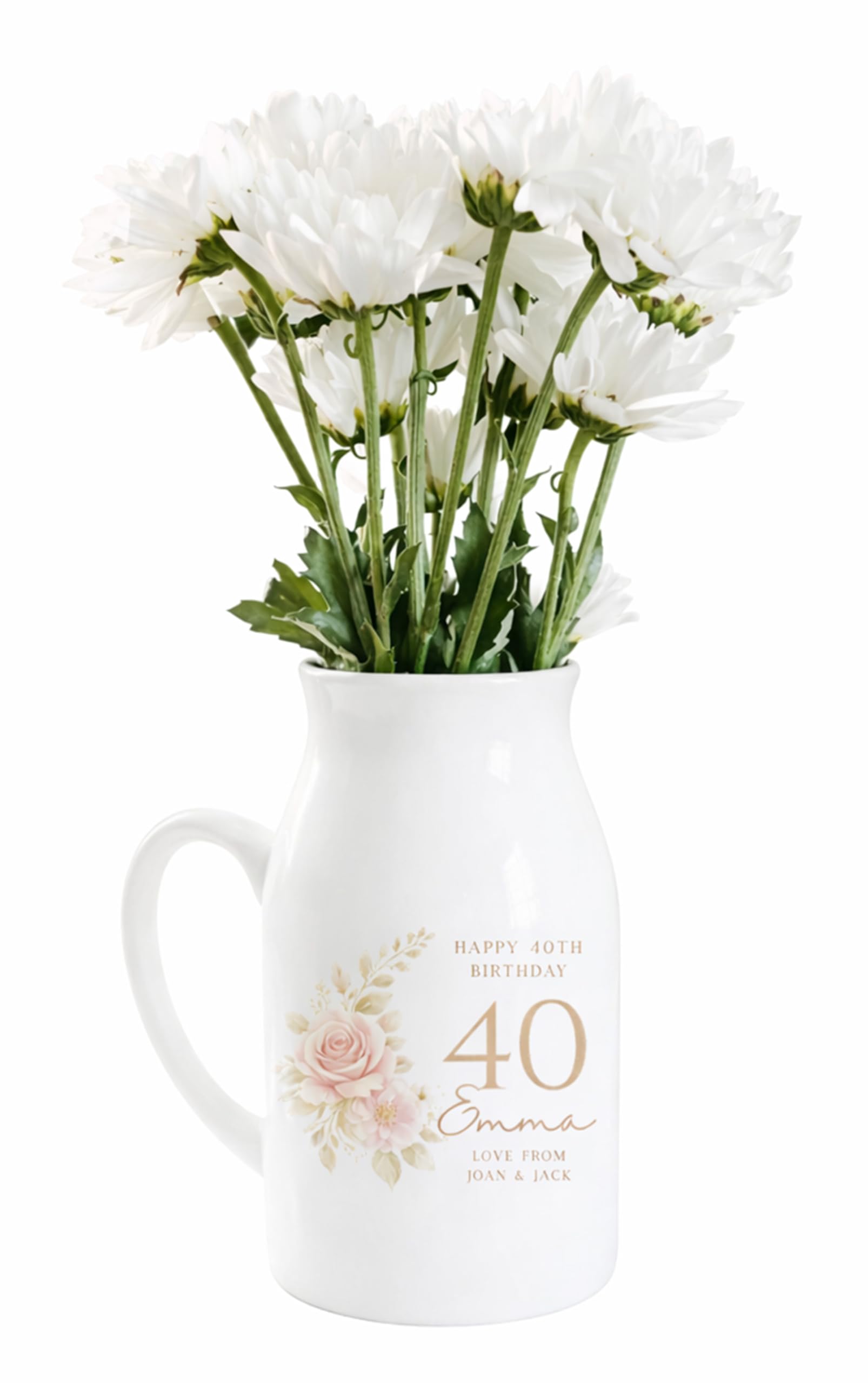 Uniquepgifts White Personalised 40Th Birthday Milestone Gift, Small Flower Jug Vase, Birthday Keepsake For Mum, Nanny, Nana, Grandma, Auntie, Friend, 12.5Cm High