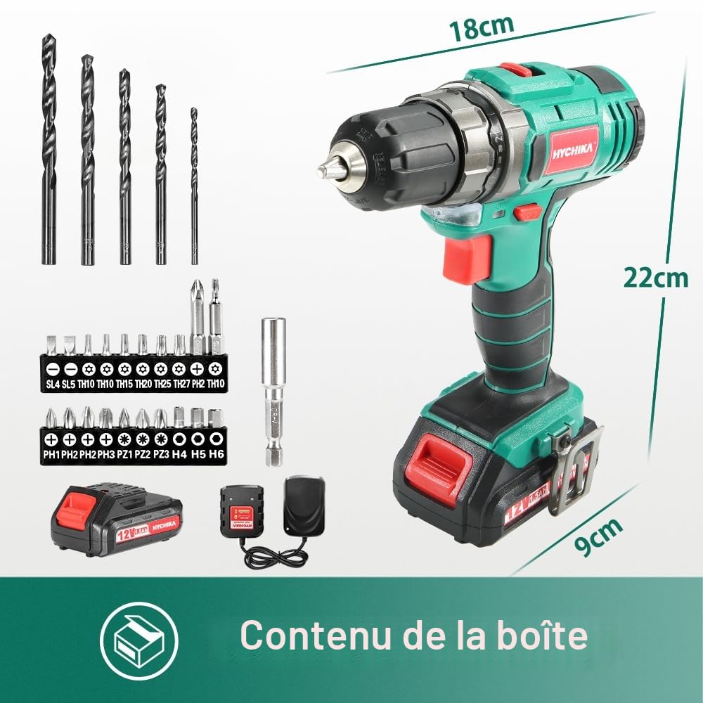 HYCHIKA Perceuse Visseuse Sans Fil 12 V 30 N.m 21+1 Réglages Couple 2 Vitesses 26 Accessoires LED Bricolage