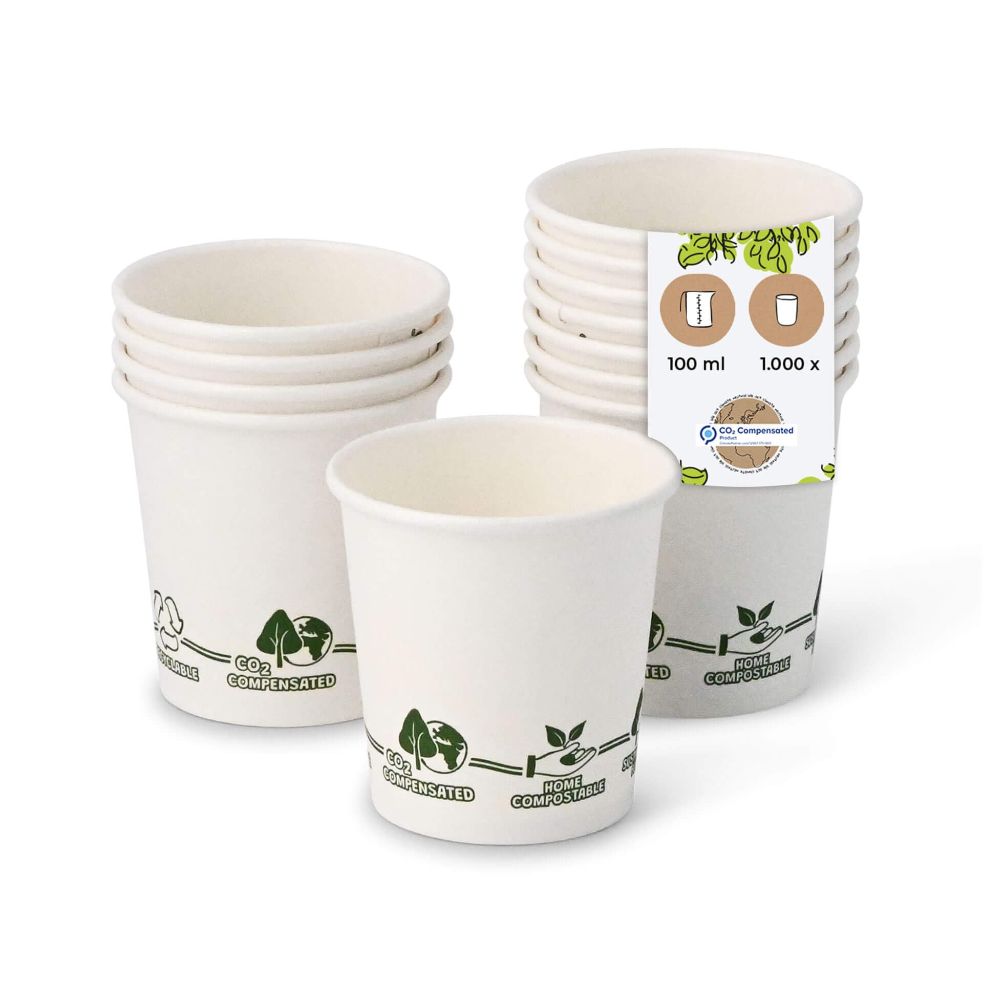 BIOZOYG 1000x bicchierini caffè 100 ml / 4 oz, Ø 62 mm bianco con motivo ambientale - bicchieri carta senza plastica e con materiali sostenibili - bicchierini caffe carta