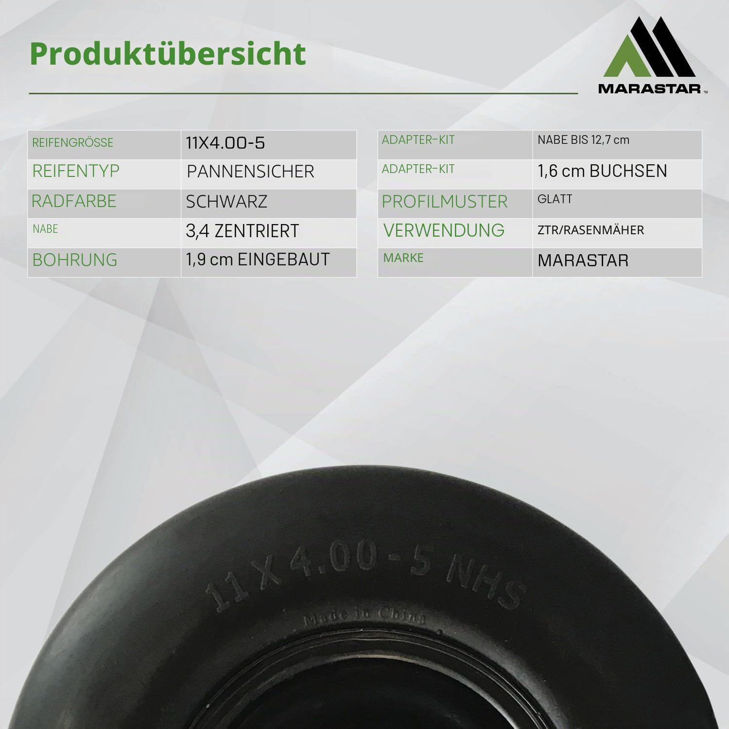 MARASTAR 00232 Universal Fit Flat-Free 11x4.00-5 Reifen und Radmontage, Zero Turn Rasenmäher Ersatzreifen, glatte Lauffläche, Adapter-Kit im Lieferumfang enthalten