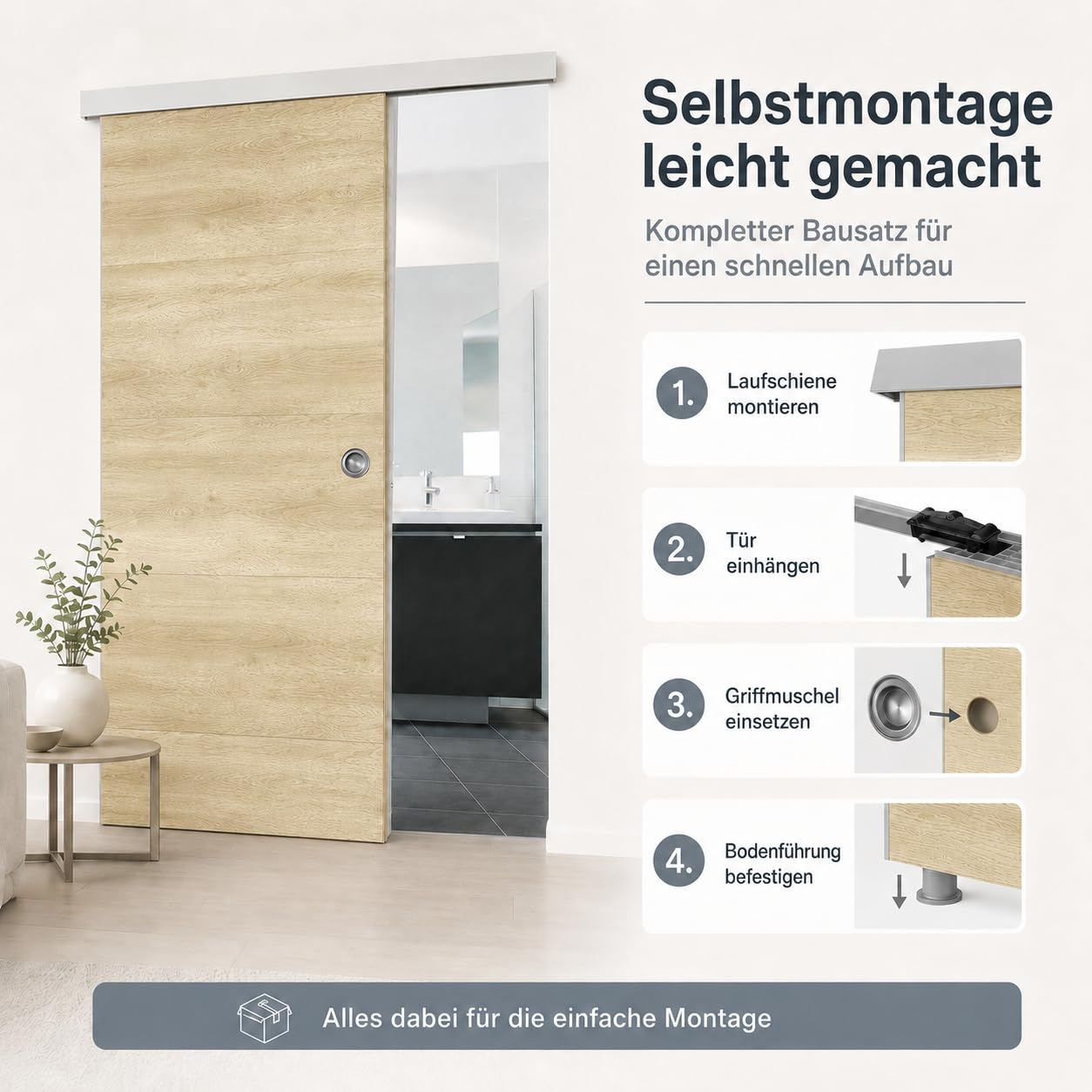 Ondis24 SLIDE Porte coulissante pour appartement avec rail le long du mur, séparateur de pièce intérieur avec rail, système de porte coulissante, séparateur de pièce avec guide au sol, 93 cm, beige