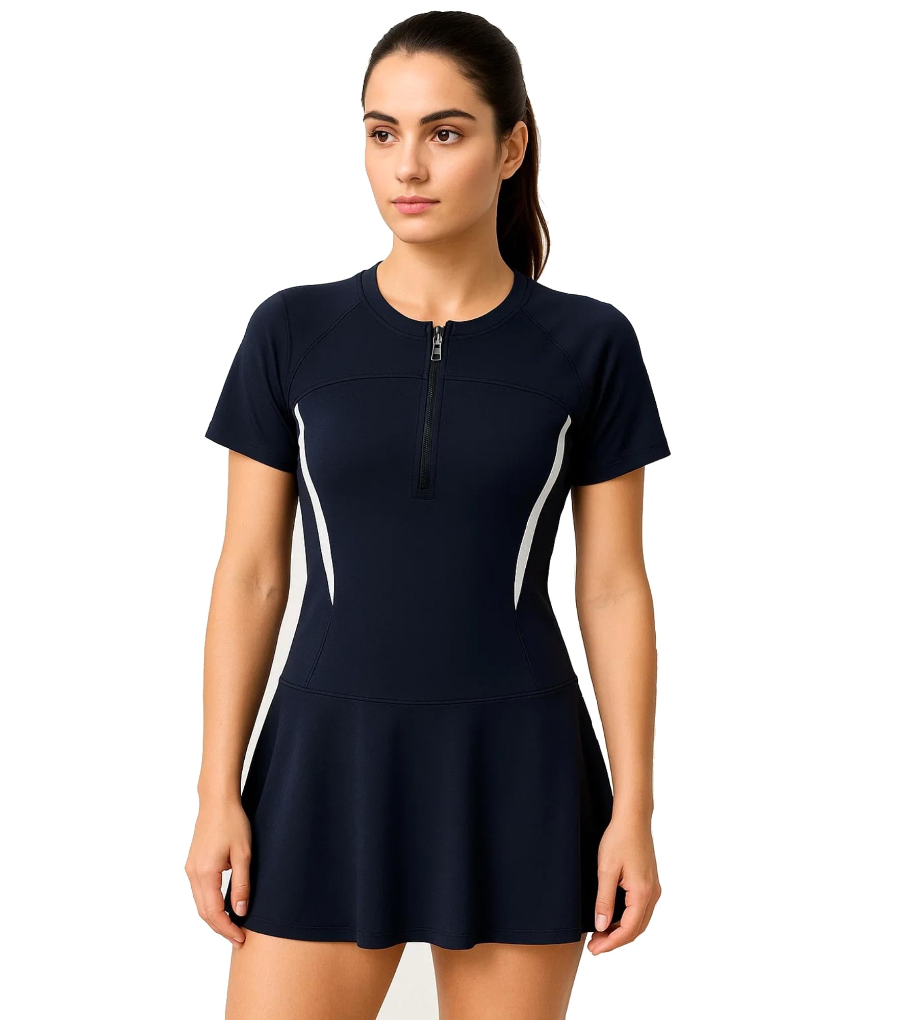 Women's Poly Jersey Frock Style Bodycon Swimming Costume Shorts with Attached Pad Half Sleeves with Front Zipper Closure. Pack of 1