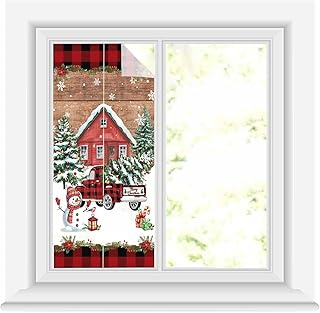 Red Plaid Christmas Window Privacy Film Decorative Stained Glass Window Film Snowman Truck Xmas Tree Snowflake Wooden Static Windows Clings Sticker for Glass Door, 17.7"x39" Blackout Windows Cover
