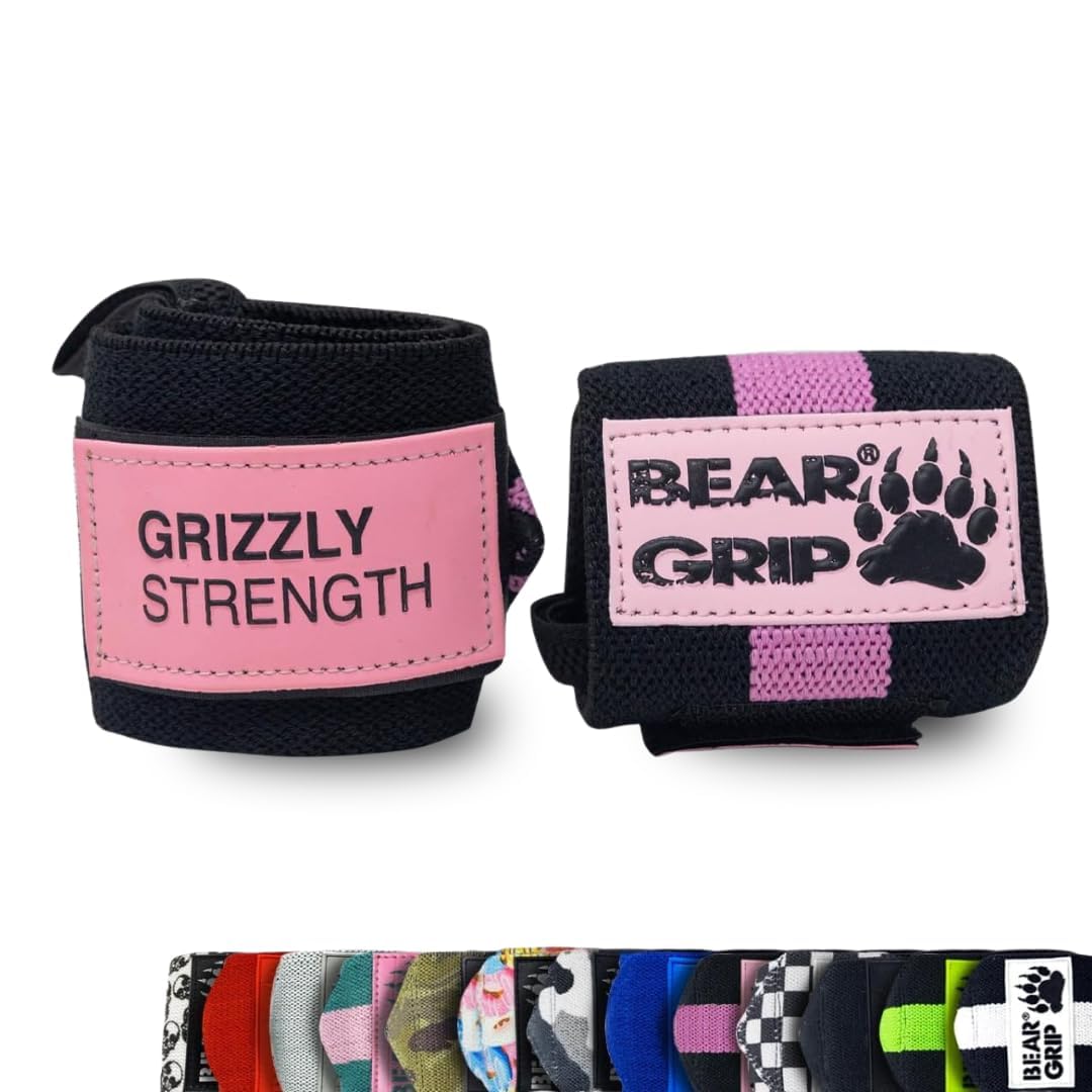 BEAR GRIP - Premium Heavy Duty Weight Lifting Wrist Wraps, Bodybuilding, Crossfit, Powerlifting, StrongMan (Black/Pink, 24 Inches)