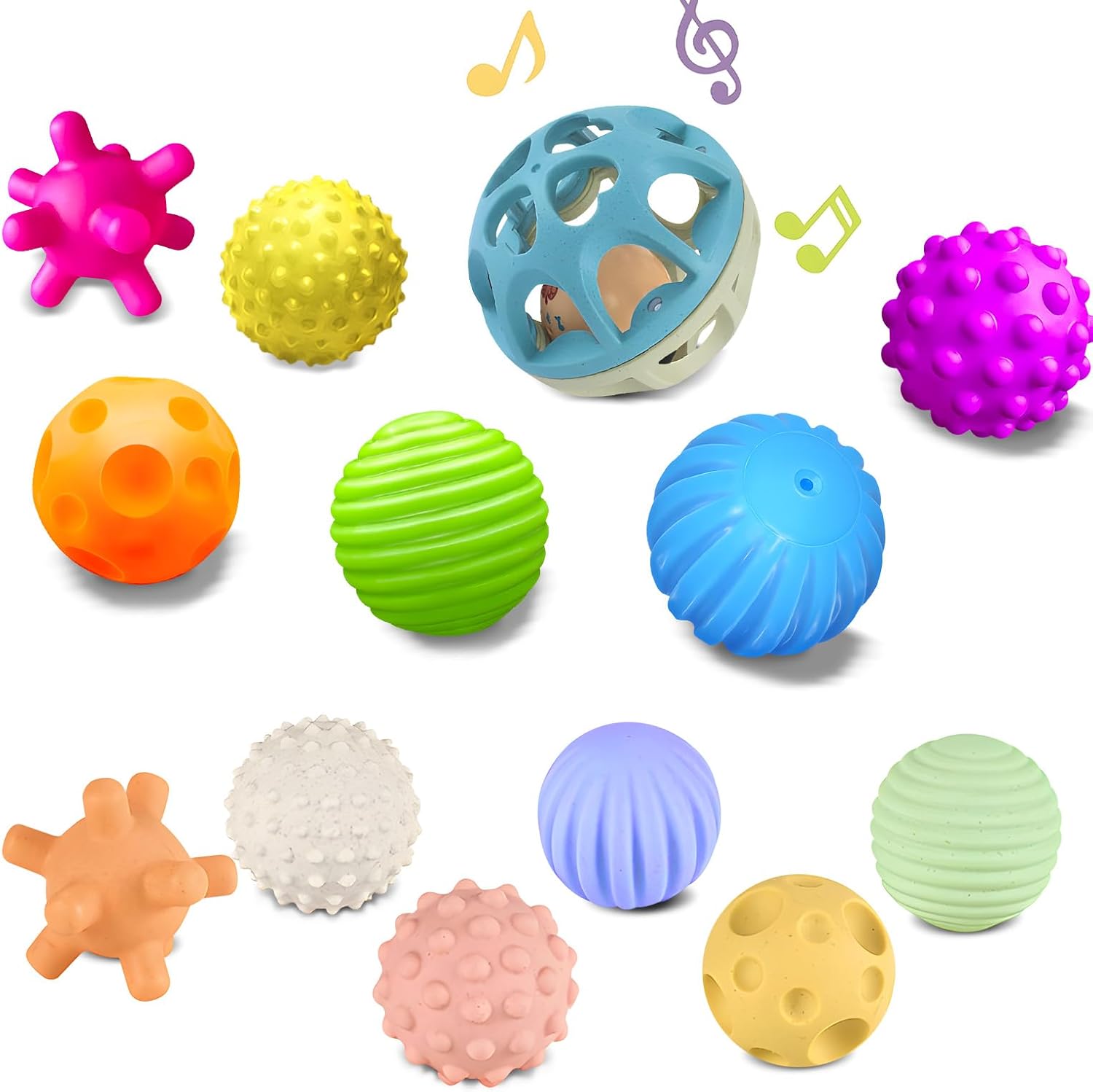 Montessori Sensory Play Set for Babies & Toddlers - 6-Pack Soft Textured Balls & Wheat Straw Rattle, Educational Toys for 6-12 Months and 1-3 Years