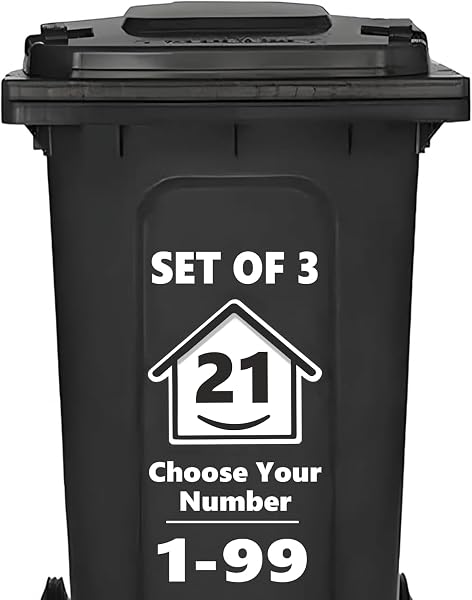 3 x Bin Numbers for Wheelie Bins, 1-99, 15cm ‘Happy House’ Design Dustbin Stickers, Easy Application Stick On Number Stickers - Weatherproof Self Adhesive Vinyl, Black (21) - 1