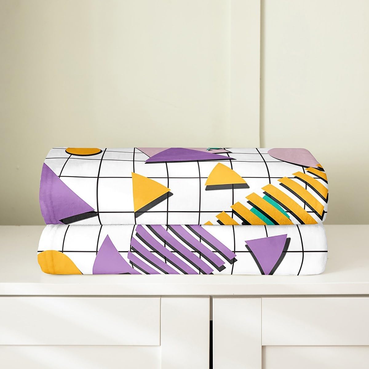 jejeloiu 80s 90s Memphis Flannel Fleece Throw Blanket Throw 50"x60" Memphis Geometric All Season Bed Blanket for Sofa Couch Kids Grid Retro Fashion Style Purple Abstract Plush Blanket