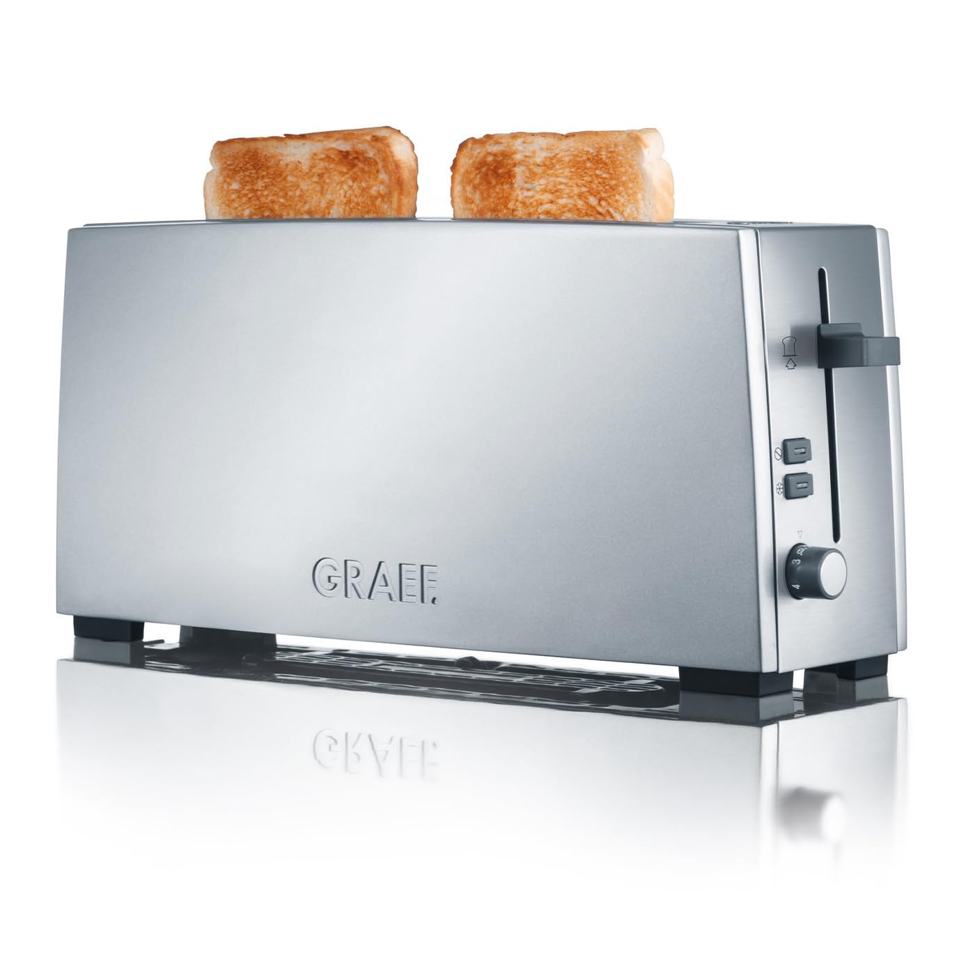 GRAEF Tostadora TO 90 plateada, ranura larga, accesorio panecillos, 6 niveles tostado, elevador, recogemigas inox, descongelación