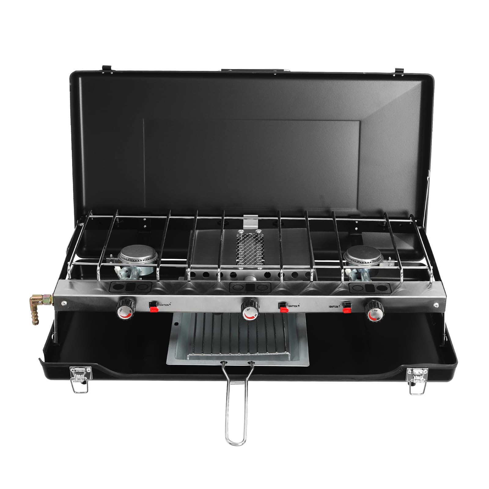 Hornillo de camping plegable con 3 quemadores y 4,5 kW de potencia total, hornillo de gas portátil con encendido piezoeléctrico y tapa como protección contra el viento, barbacoa de camping para
