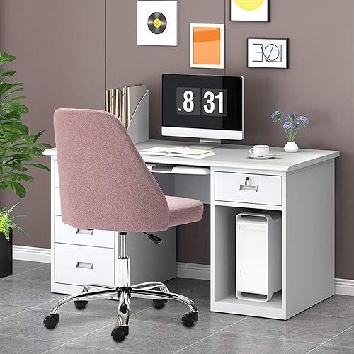 Miniatura 2 de Silla de escritorio de oficina en casa, moderna silla de tela de lino ajustable giratoria silla de tareas con respaldo medio, bonita silla tapizada