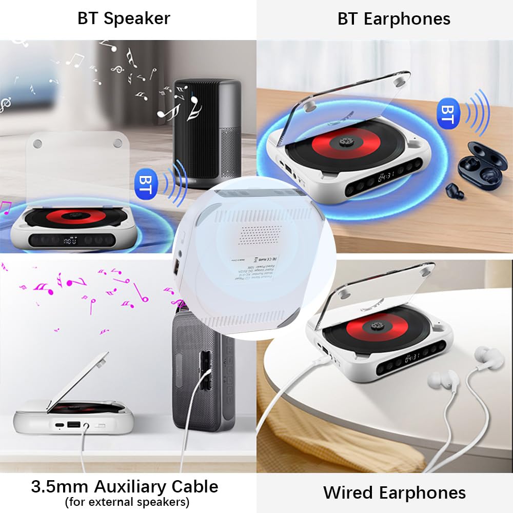 Lecteur CD BT avec casque et housse anti-poussière 6 modes A-B répétition minuteur télécommande fonction lecture externe portable pour bureau à domicile (blanc)