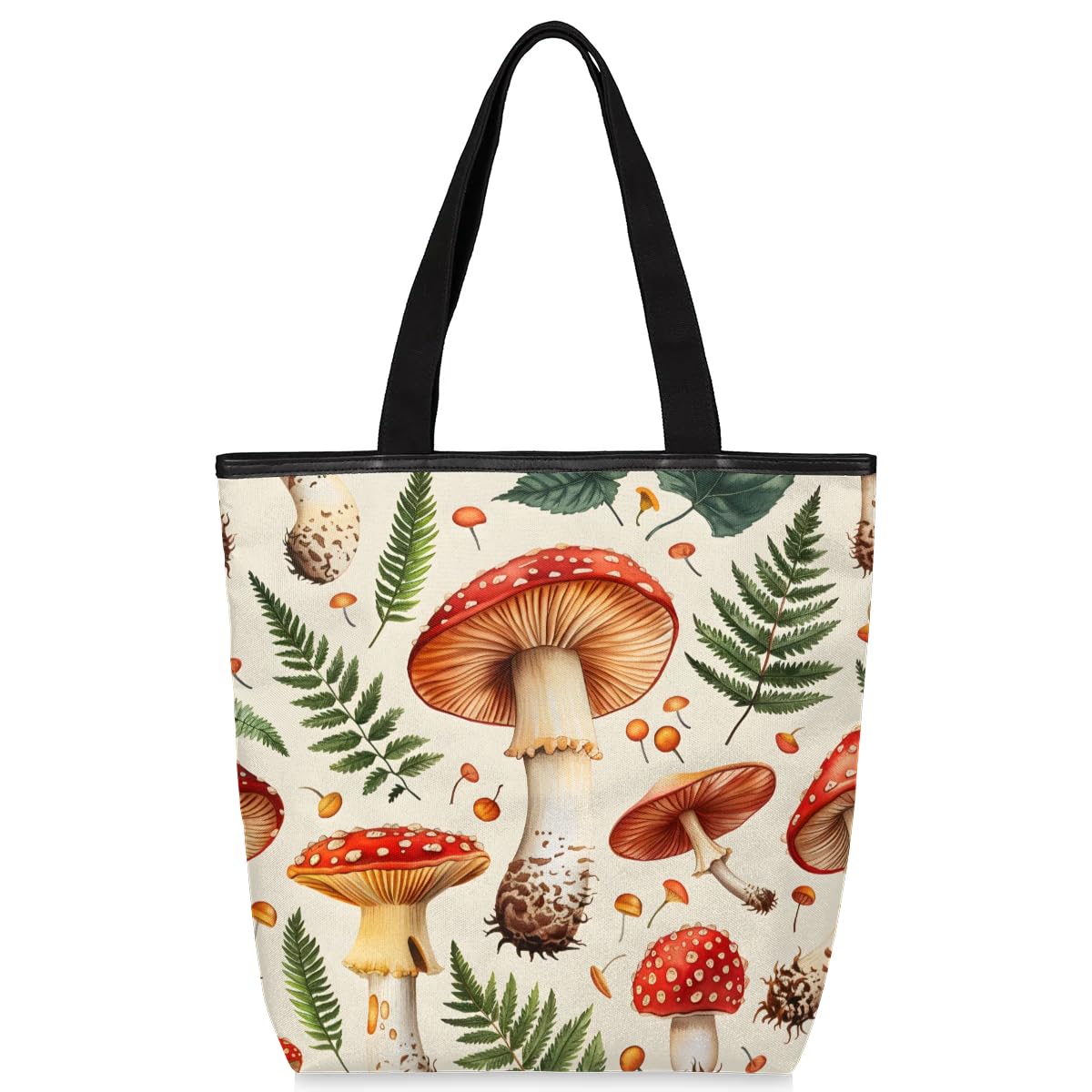 Watercolour Mushrooms Leaves Berries Canvas Tote Bag with Zipper and Pockets Canvas Tote Shopping Bag Women Reusable Grocery Bag for Beach Travel Gym Shopping