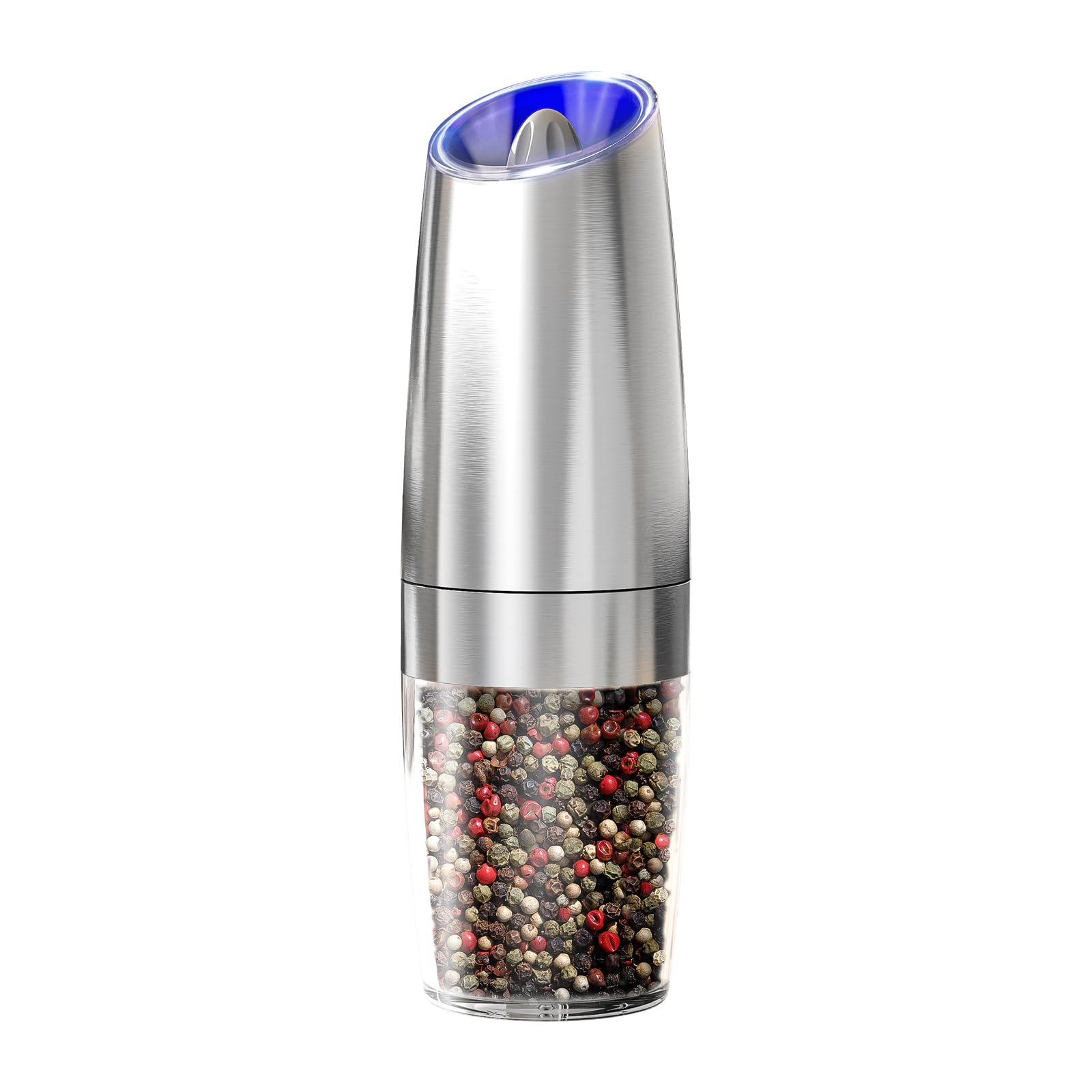 ELMWAY Gravity Salt and Pepper Grinder – Battery-Powered Electric Salt & Pepper Mill with Tilt-to-Start, Adjustable Coarseness, LED Light & Stainless Steel Finish (4 AAA Required) – Single