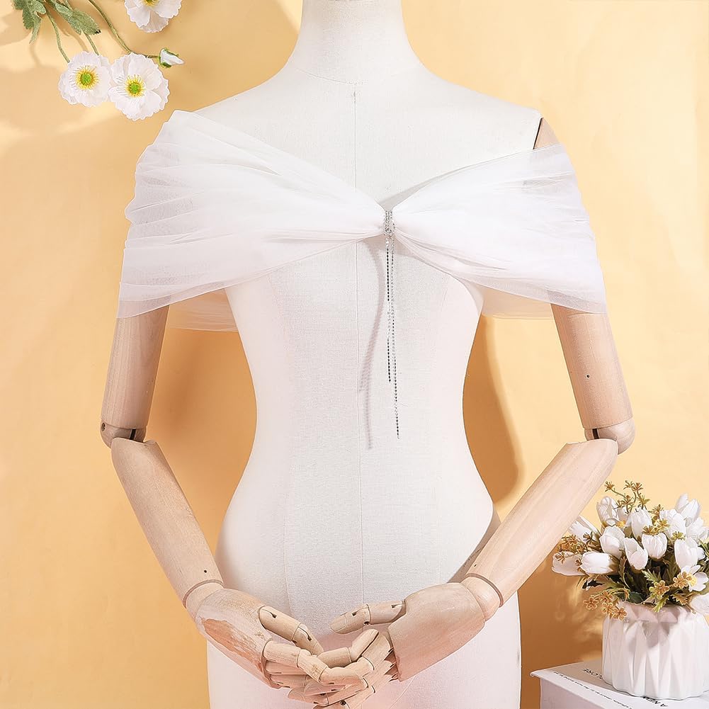 1PC White Polyester Bridal Shawl 36.2x27.1 Inch Adjustable Pearl Tulle Shawl Wedding Dress Straps Off Shoulders Clothing Bridal Cloak Wedding Cape for Bride Weddings Ceremony Decor image 4