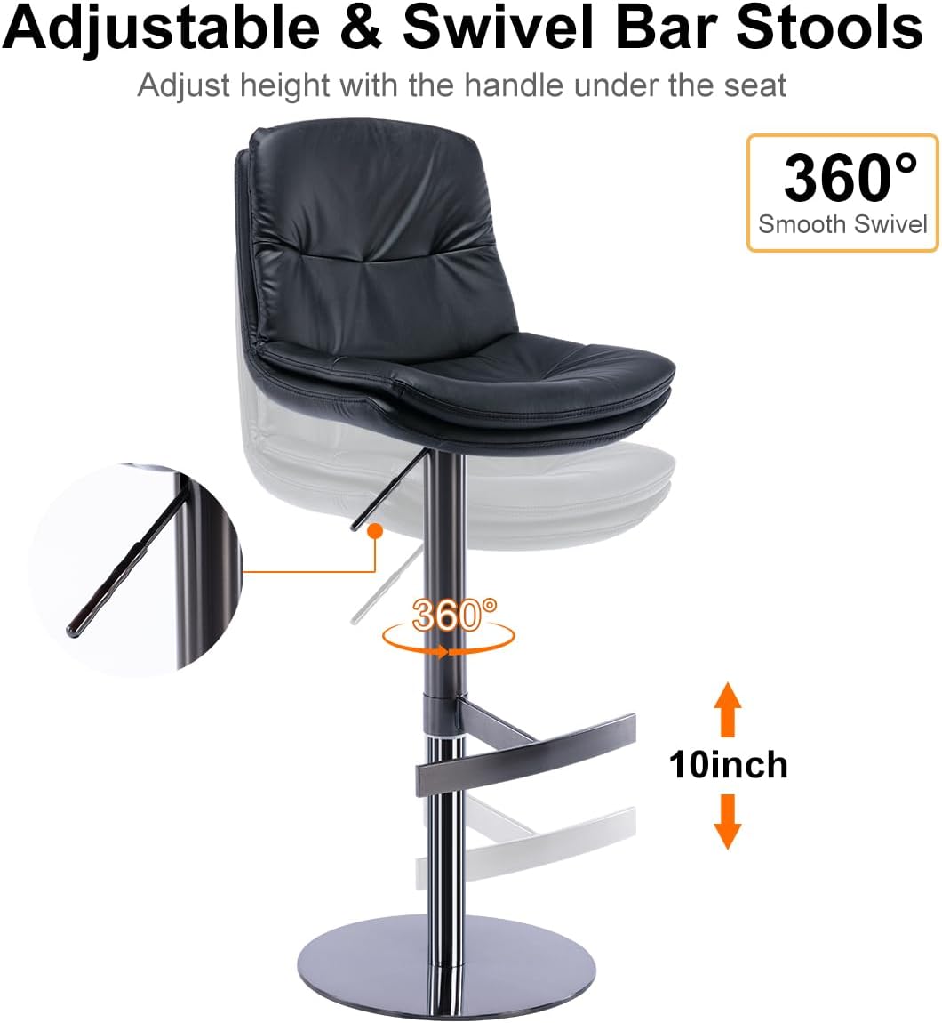RAINMOOD Bar Stool,Stainless Steel Swivel Barstools,Faux Leather Double-Layer Upholstered Counter Height Bar Stool,Height Adjustable Armless Bar Chair with Back and Footrest for Kitchen Island