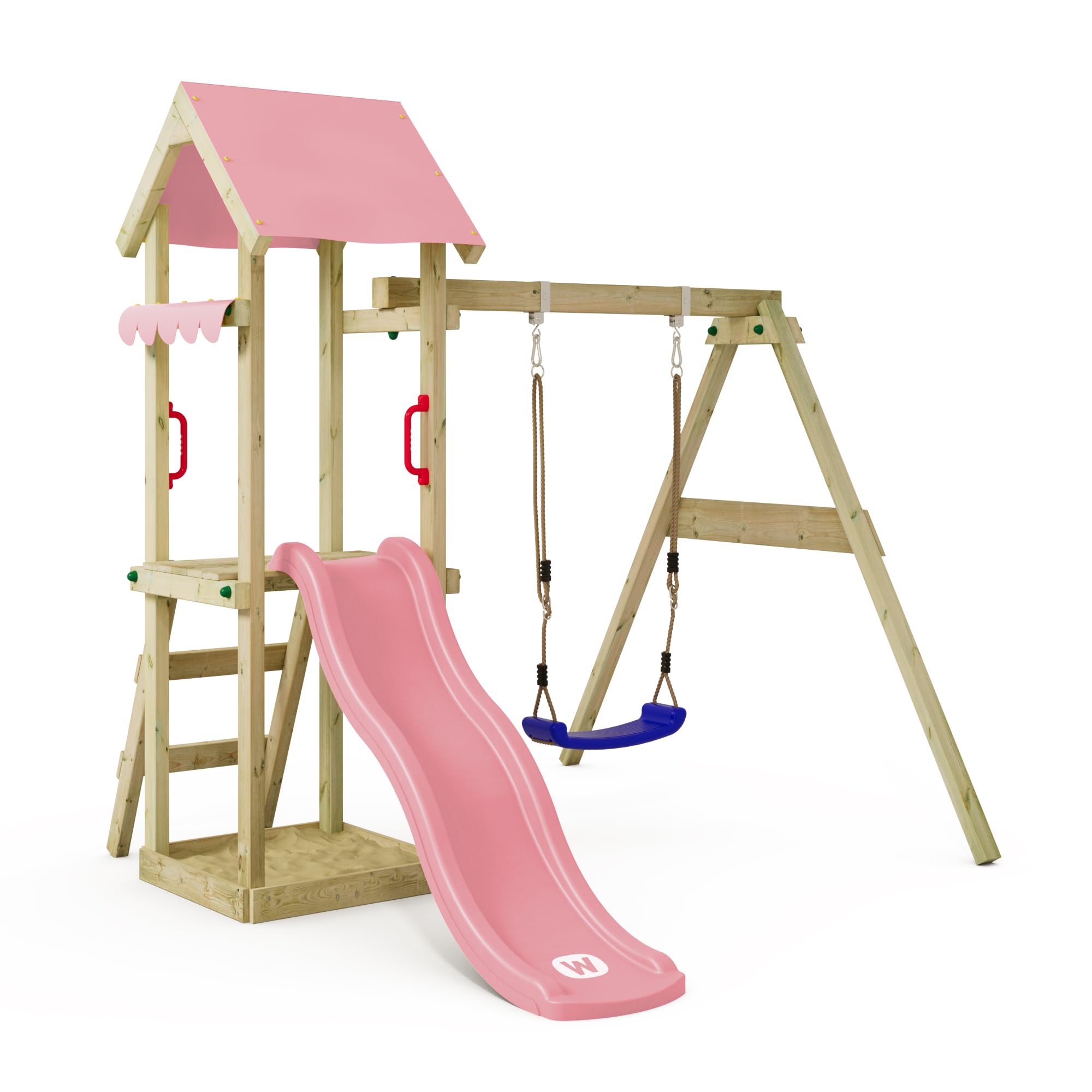 WICKEY Spielturm TinyWave Klettergerüst, Pastellpink | Mit Schaukel & Rutsche, Sandkasten, Leiter, Spiel-Zubehör für Garten