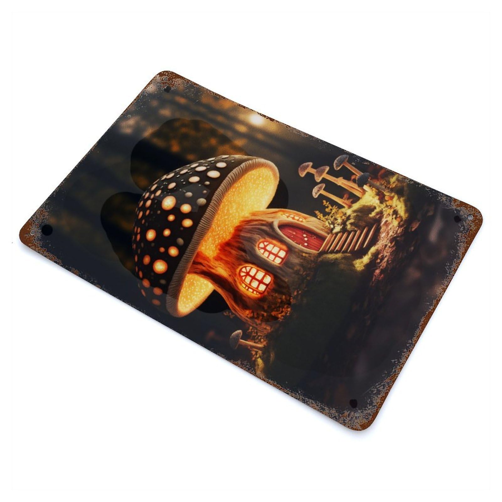 Mushroom House Rusty Metal Tin Sign 11.8"x7.9", Ideal for Pub, Kitchen And Man Cave Decor