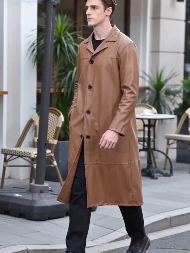 Maiyifu-GJ Mens Leather Trench Coat Faux Leather Vintage Long