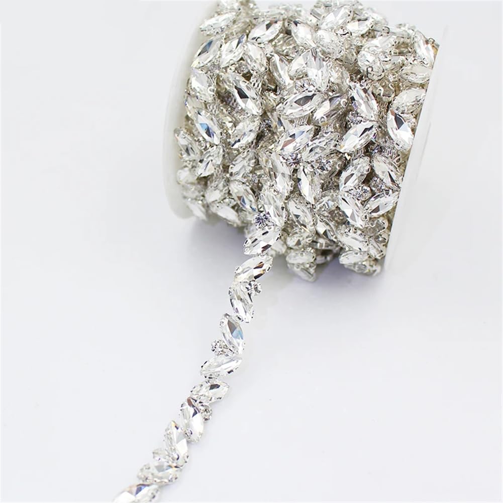 Generic 1/5Yards Leaf Shape Glass Crystal Silver Metal Chain Sewing Rhinestone Trim for Decoration Silver 5 Yards