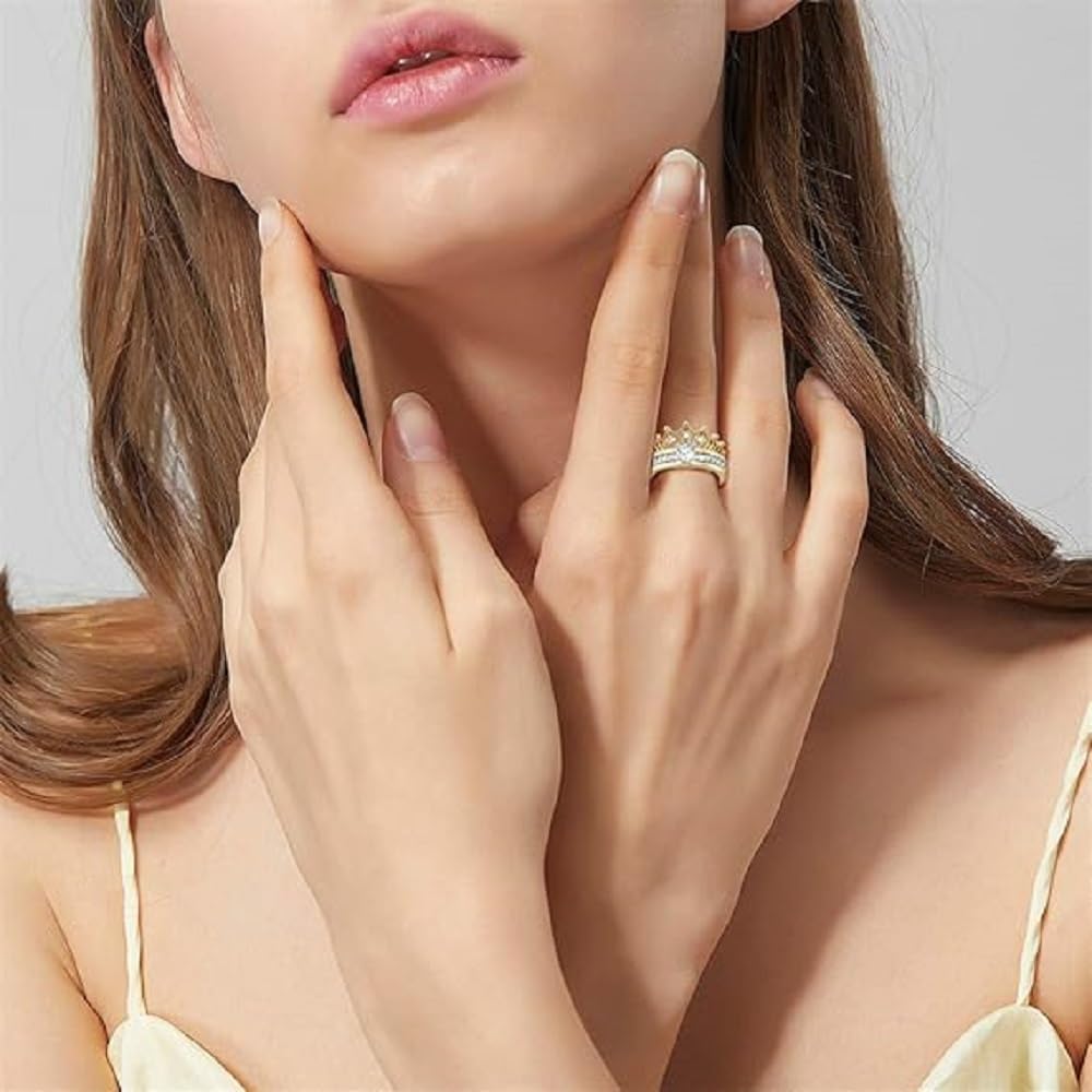 2 Stück Krone Damen Ringe Set Vergoldet Sterling Silber Verlobungsring Rundschliff Zirkonia Diamant Solitärring Antragsring Mit Geschenkverpackung Geschenke für Party Jubiläum Geburtstag
