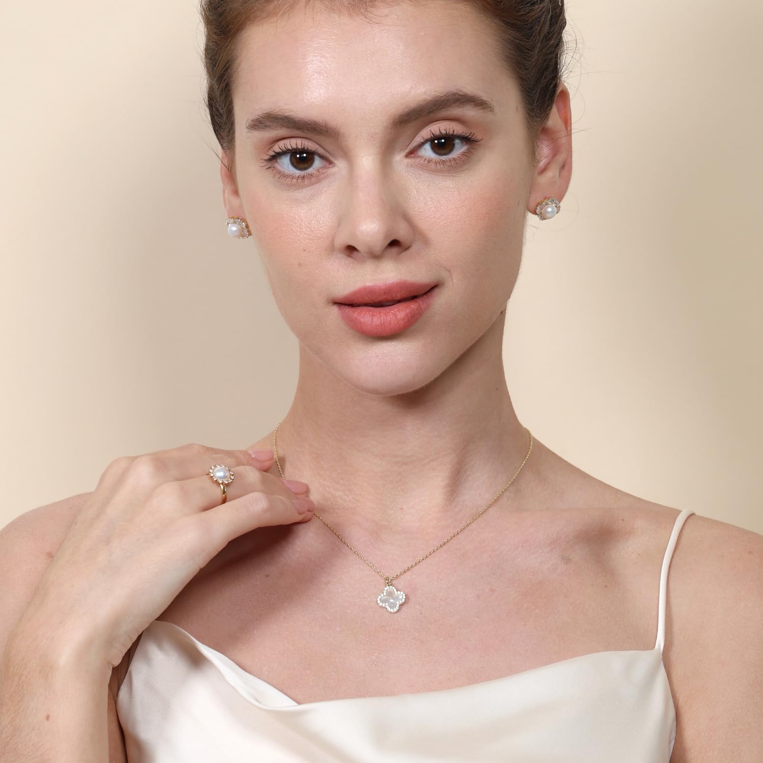 14K Gold Plated Four-Leaf Clover Necklace, Mother of Pearl Background with Cubic Zirconia Accents, Lucky Unisex Jewelry Pendant - Image 3