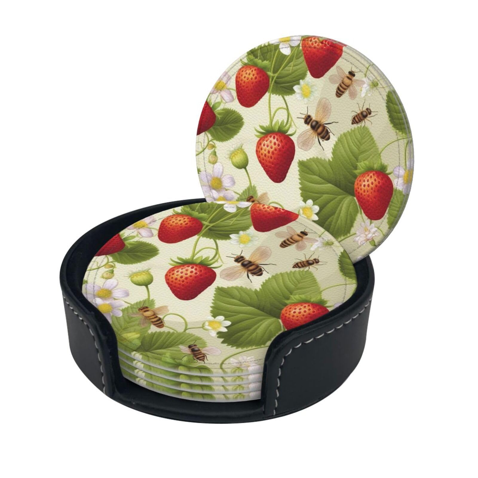 Stylish Coasters - Lovely Strawberry Set of 6 Round Leather Drink Coasters with Holder - Perfect Size for Cups and Glasses