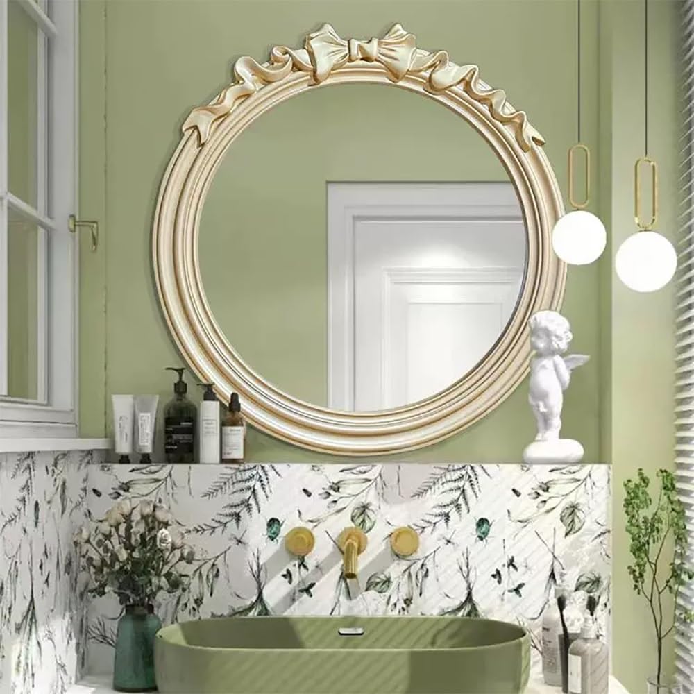 SXFSDOU French Bathroom Mirror Circle Wall for Vintage Vanity Ornate Round Gold 31in Art Deco Baroque Style(Champagne,60 * 60cm/24 24in)