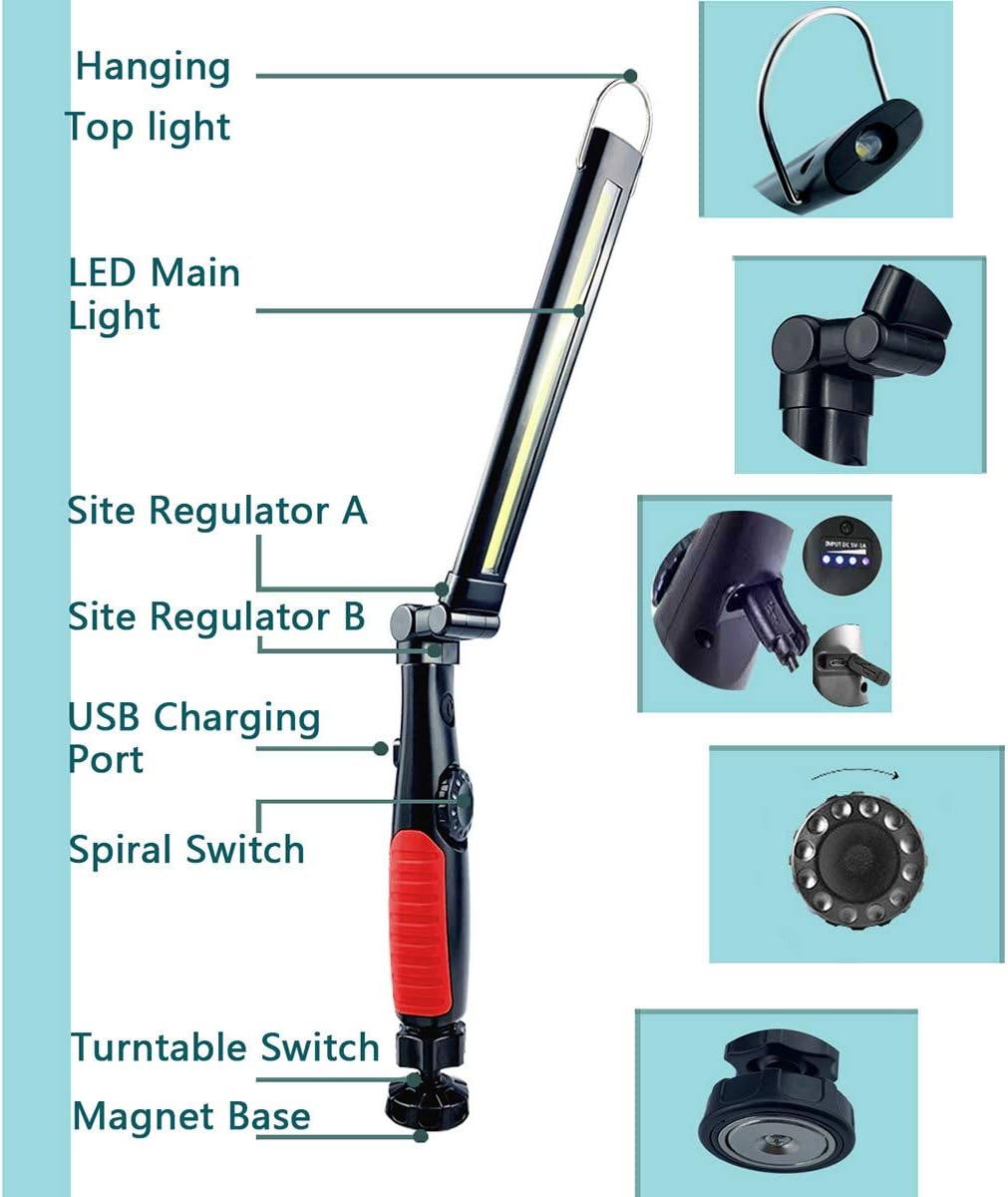 AuRiver LED Work Light, 360° Foldable Rechargeable Work Light, Cordless Portable Magnetic COB LED Work Light for Car Repair, Home, Garage, Emergency
