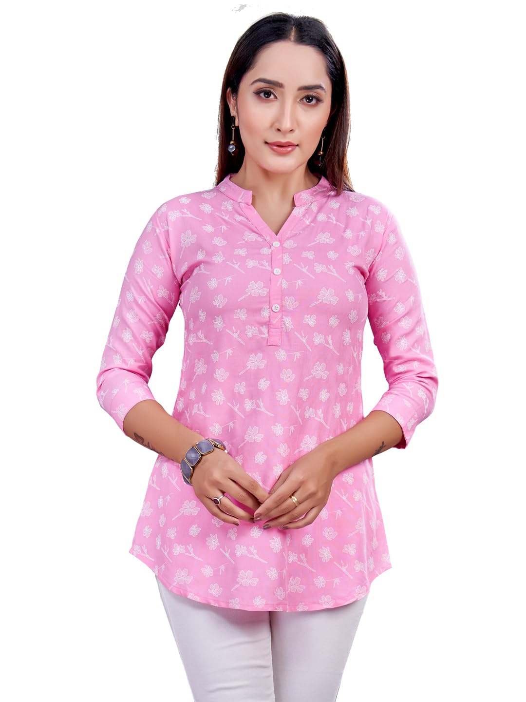 Rayon Printed Mandarin Collar Short Kurti Tunic Top SS-232-image-2