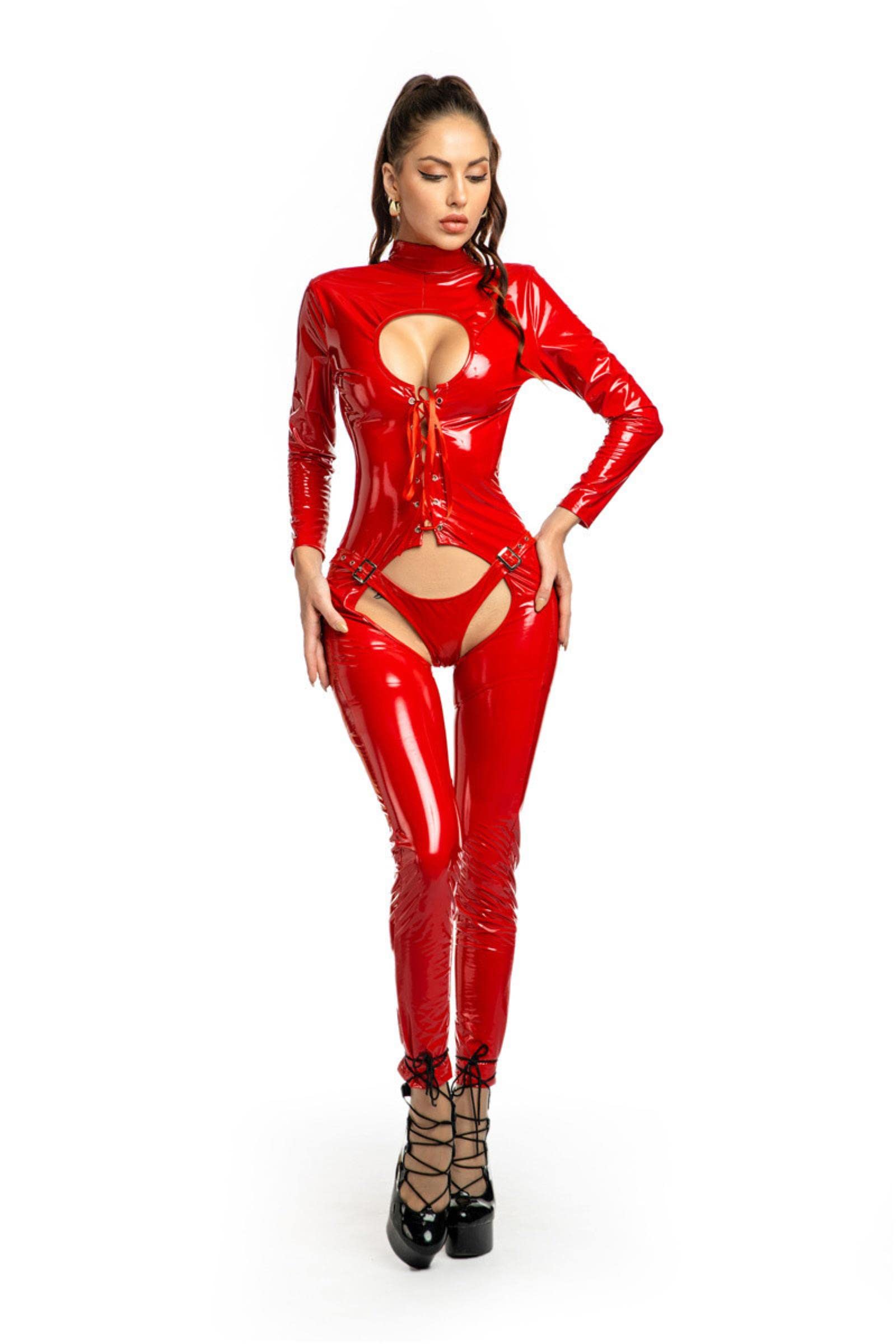 Femmes Crotchless Latex Body Combinaison Sexy Sein Ouvert Entrejambe Brillant en Cuir Catsuit Clubwear