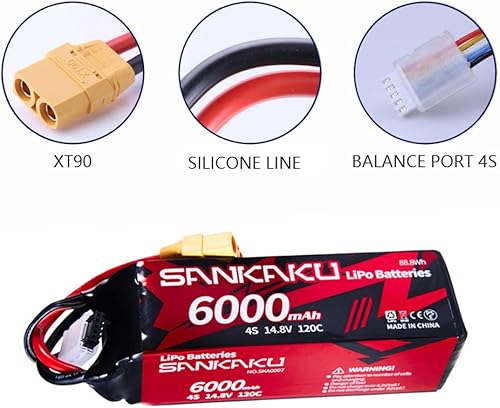 Miniatura 3 de SANKAKU 4S Lipo Batería 6000mAh 120C 14.8V para RC Vehículo Camión Tanque Buggy Baterías Soft Pack 4S Lipo XT90 Conector