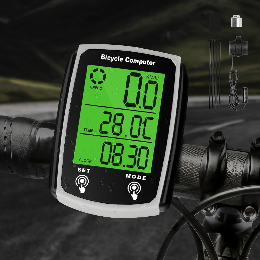 URAQT Computer di Bicicletta, Impermeabile Bici Computer con 19 Funzioni, Ciclocomputer con LCD Display Retroilluminato e Supporto, Controllo Tattile, per Distanza di Tracciamento, Velocità