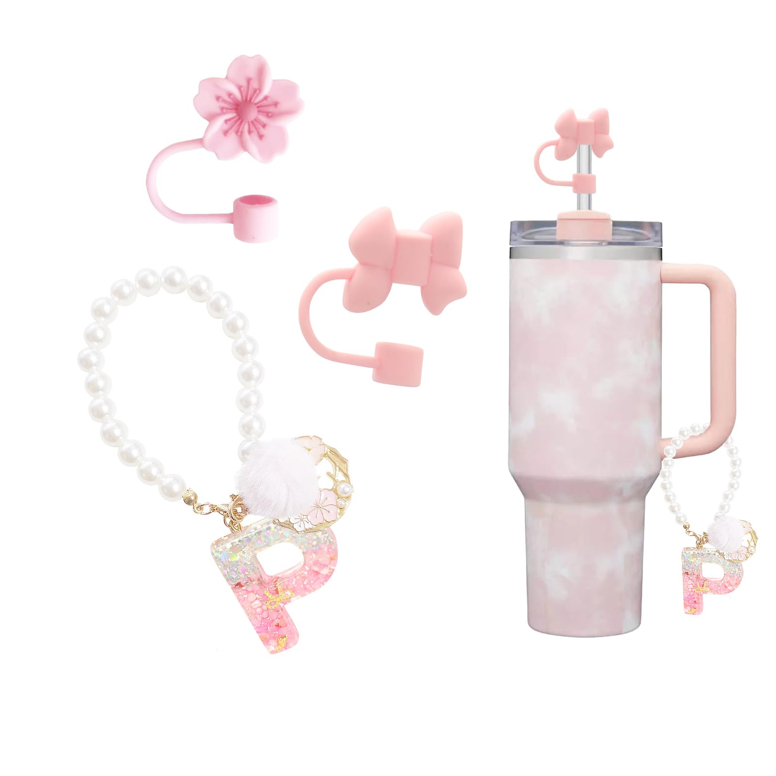 Letter Charm Accessories for Stanley Cup 30&40 Oz with Handle, 3Pcs Cute Initial Letter Charms for Stanley Tumbler with 2Pcs Silicone Straw Toppers, Personalized Pearl Chain Decor for Women Girls (P)