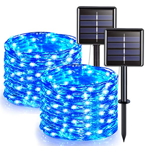 JMEXSUSS 2 Pack 33ft 100 LED Solar Fairy Lights Outdoor Waterproof, 8 Modes Blue Solar String Lights, Silver Wire Decoration Solar Christmas Lights for Patio Garden Party Yard Tree Holiday Wedding