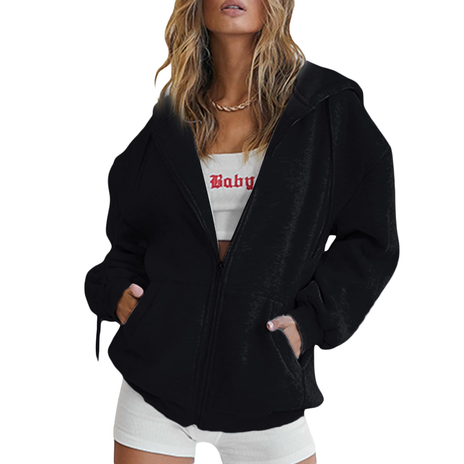 ScriardvWomen's Oversized Hoodies Sweatshirts Zip Up Y2k Drawstring Clothes Ladies Casual Fall Jacket With Pockets