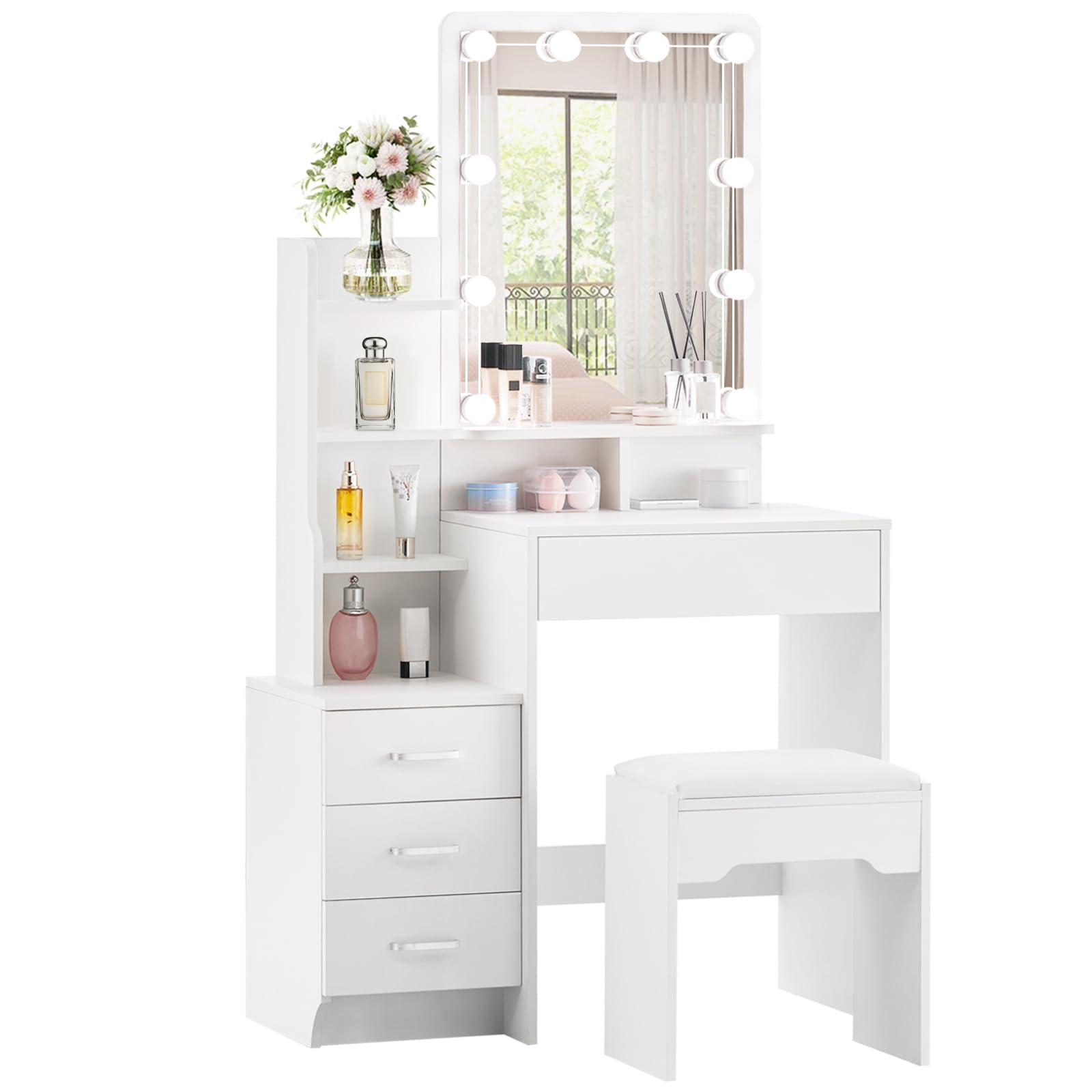 LEMROE Hollywood Dressing Table with LED Mirror and Stool, Faux Leather Makeup Table with 7 Shelves and 4 Drawers Vanity Dresser for Women Girls, Modern Bedroom Furniture (4 Drawers)