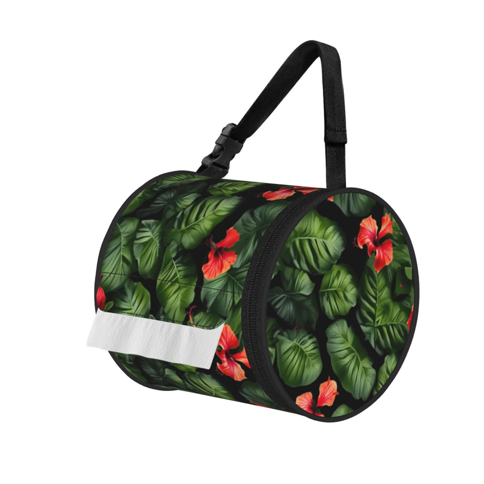 Jiuty Black Tropical Flowers And Foliage Print Cylinder Tissue Organizer Bag With Strap, Portable Toilet Roll Holder For Camping Car
