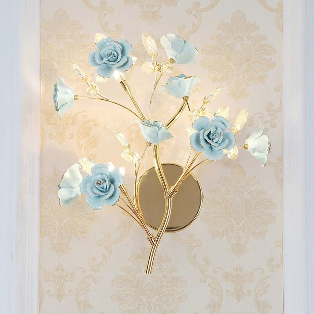 COSRUB Floral Ceramic Wall Lights, Gold Branch Wall Sconce for Bedside