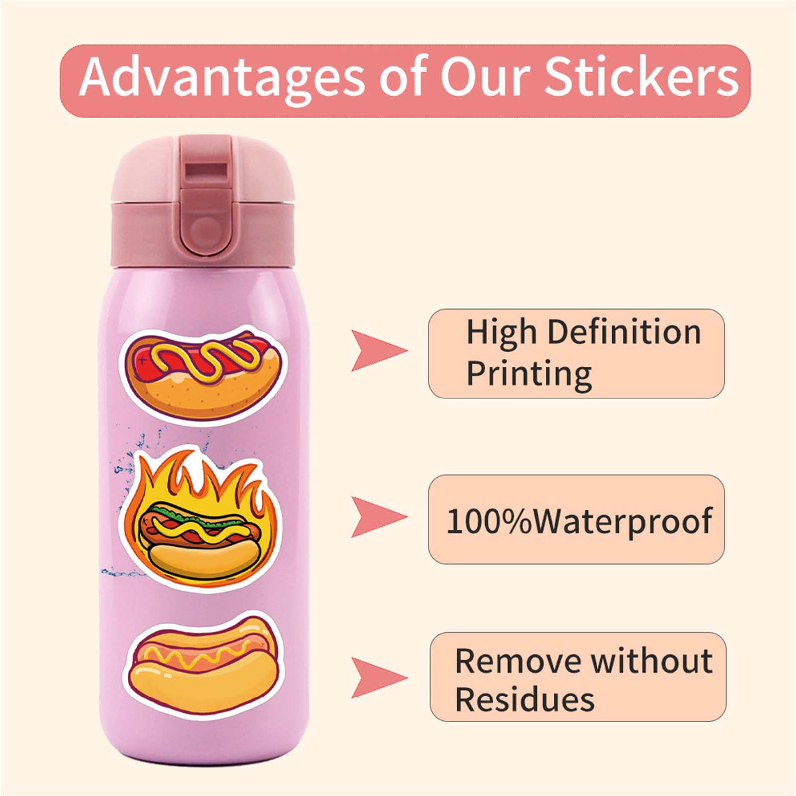 55Pcs Hot Dog Stickers for Water Bottles Laptop,Hot Dogs Party Decorations,Foods Party Favors,Vinyl Waterproof Decals for Suitcase Skateboard Guitar, Gifts for Women & Men (Hot Dog)