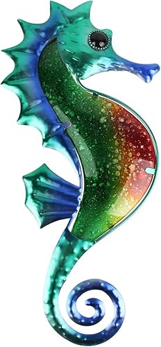 HONGLAND Decoración de pared de caballito de mar verde de metal para interiores y exteriores, escultura de arte de pared colgante de cristal para el